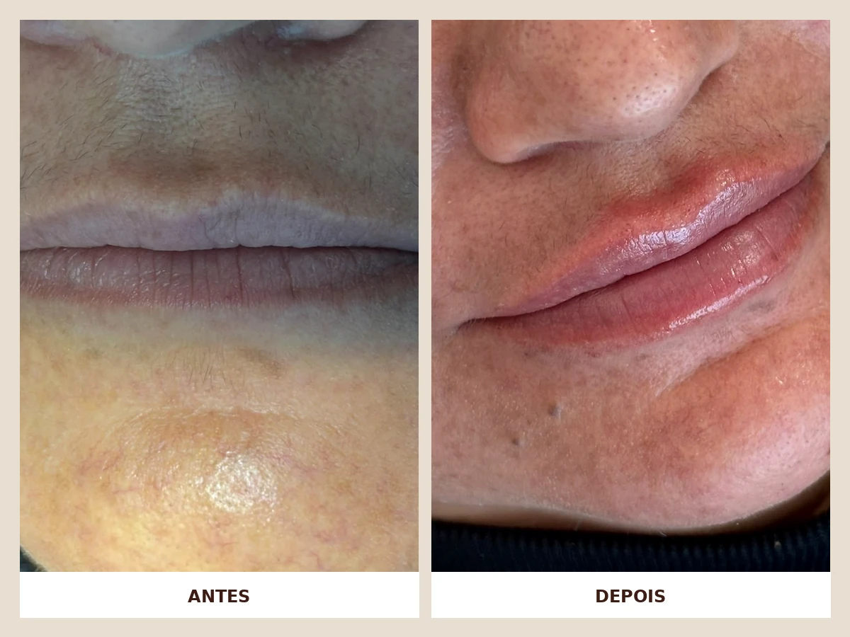Antes e depois de preenchimento labial realizado pela Dra. Ingridy