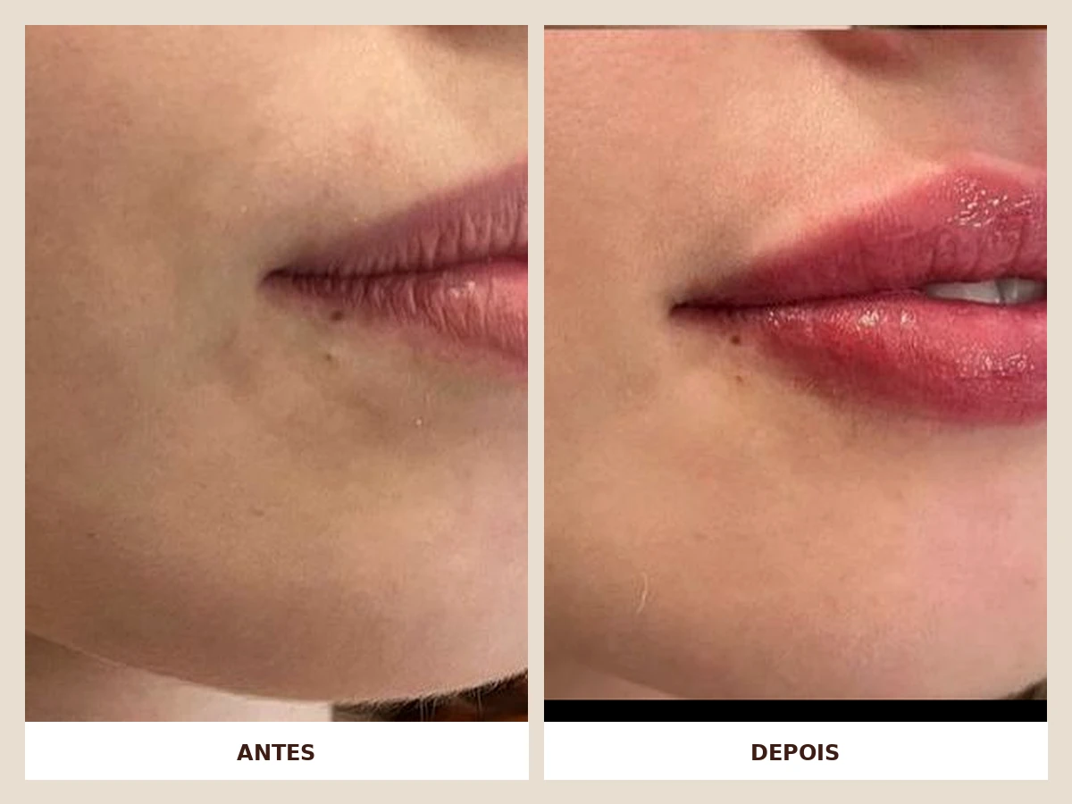 Antes e depois de preenchimento labial com resultado harmônico