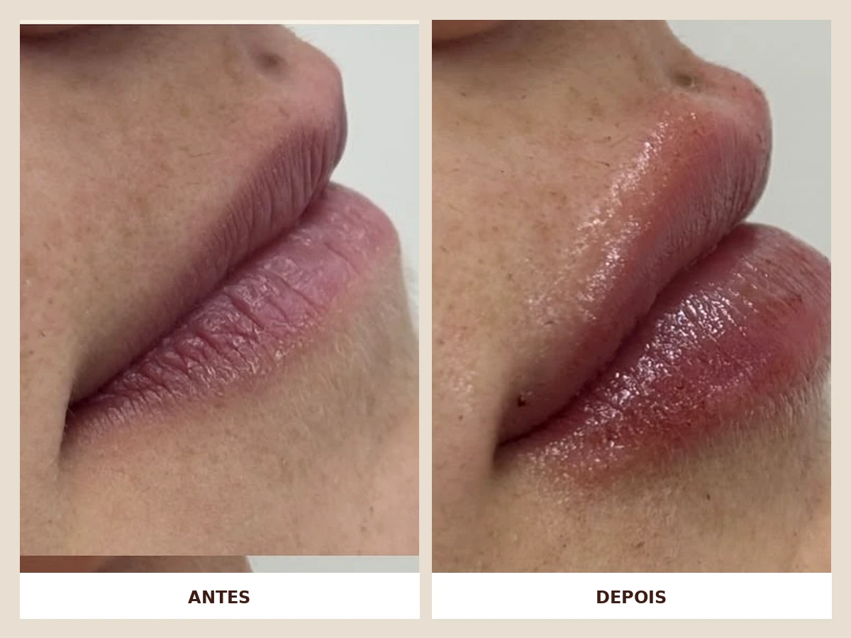 Antes e depois em perfil de preenchimento labial